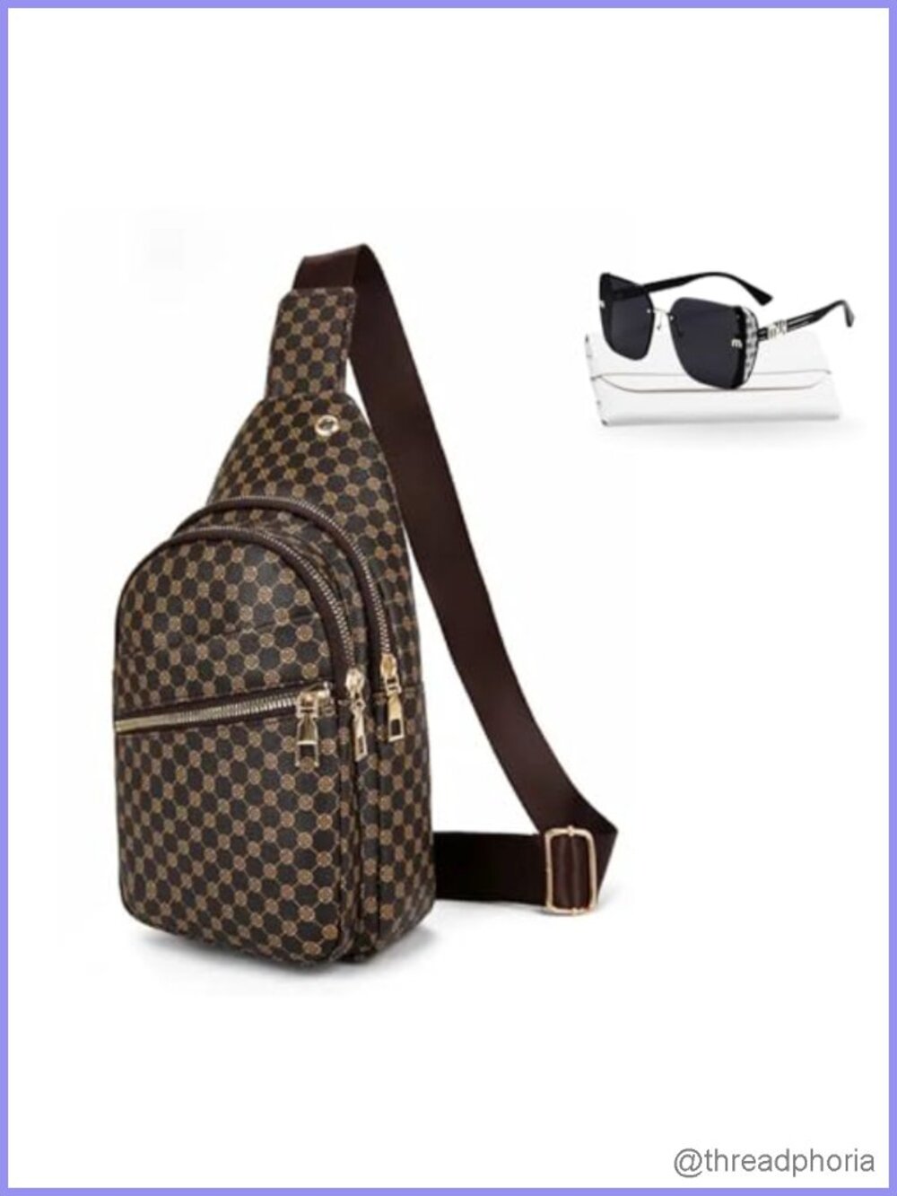 PU Leather Sling Bag Multi-Zipper Travel Crossbody with Sunglasses